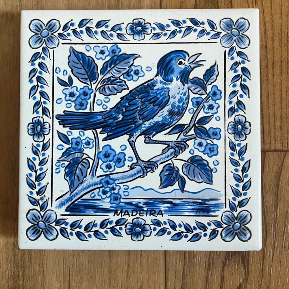 Vintage Madeira Portugal Cobalt Blue and White Tile Bird Coaster Wall Hanging